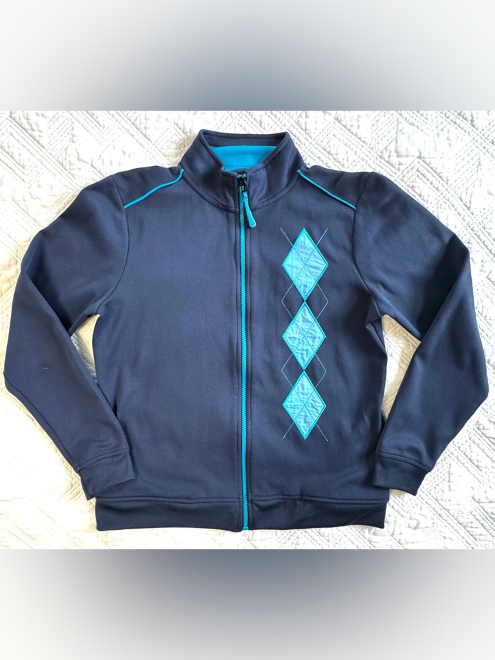 LizGolf Vintage Argyle Zip Jacket Navy Turquoise Golf Athletic Size Medium
